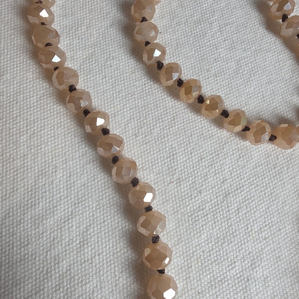 Tan Glass Bead Long Faux Suede Tassel Necklace Boho Neutral 43in - Picture 2 of 5